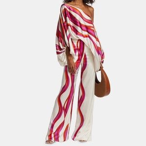 Asymmetrical Long Balloon Sleeve Blouse Shirt Wide Leg Pants 2-Piece Set